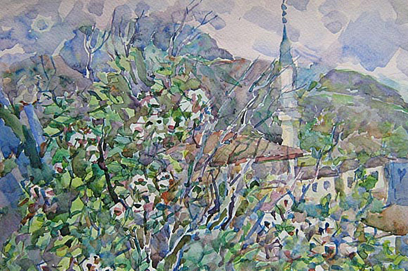 Пейзаж с мечетью. 2001. Бум., акв.